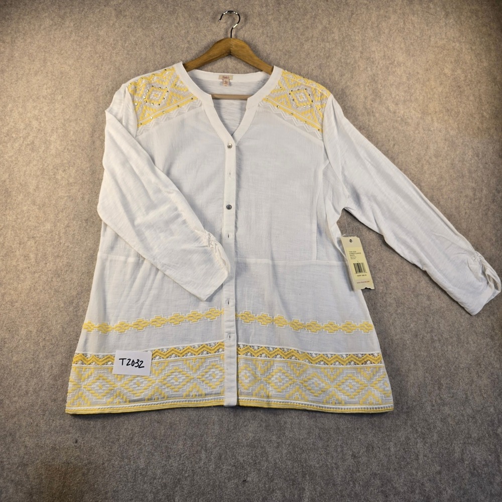 NWT Reba Summer Sunrise White Embroidered Button Front Top Yellow Studded Large